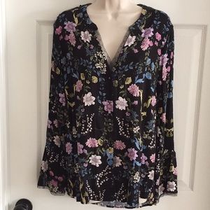 Democracy Black Floral Long Sleeve Top Size M